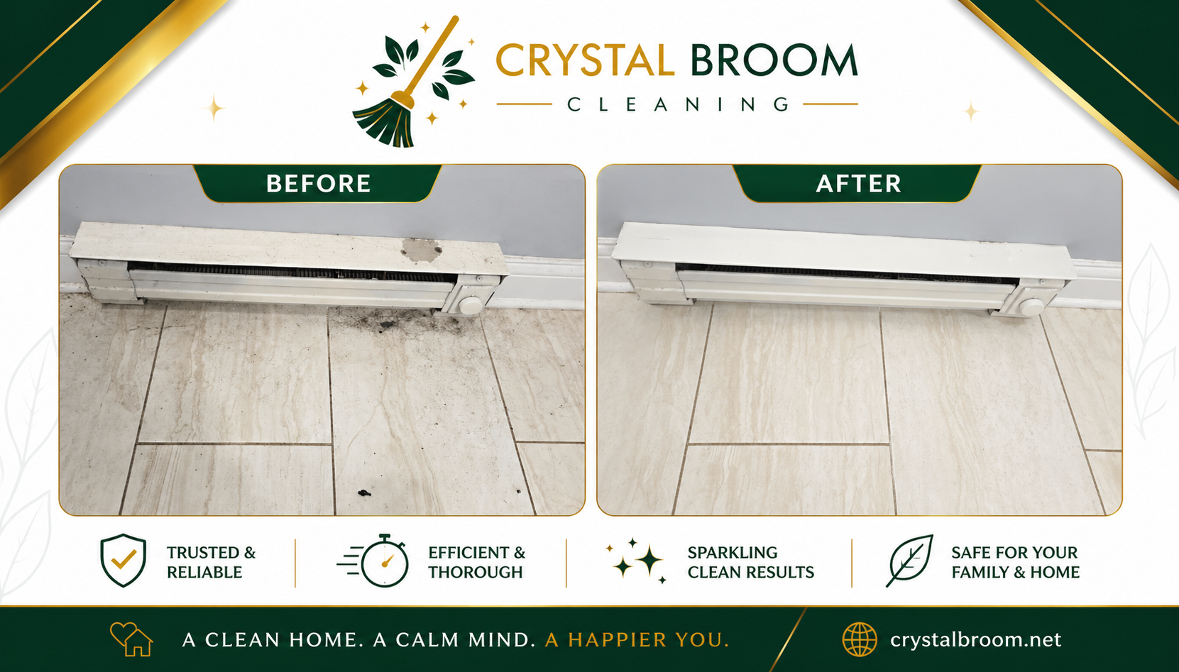 Before and after baseboard heater and tile floor cleaning with scuff and grime removal in Naperville, IL