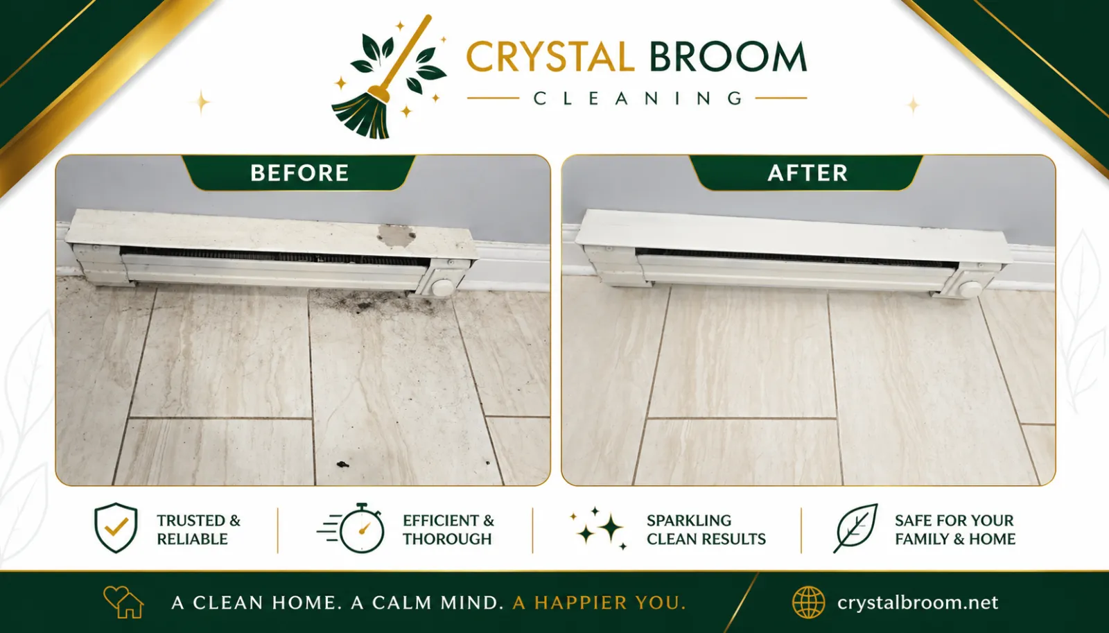 Before and after baseboard heater and tile floor cleaning with scuff and grime removal in Naperville, IL