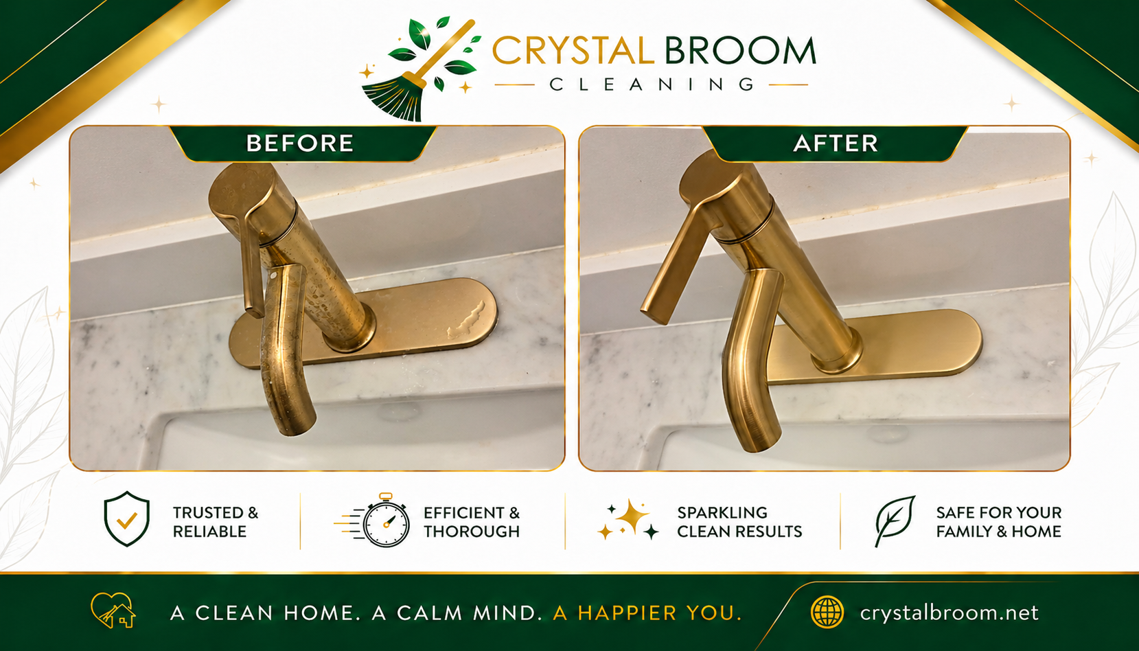 Before and after brushed gold bathroom faucet polishing on a marble vanity in Aurora, IL