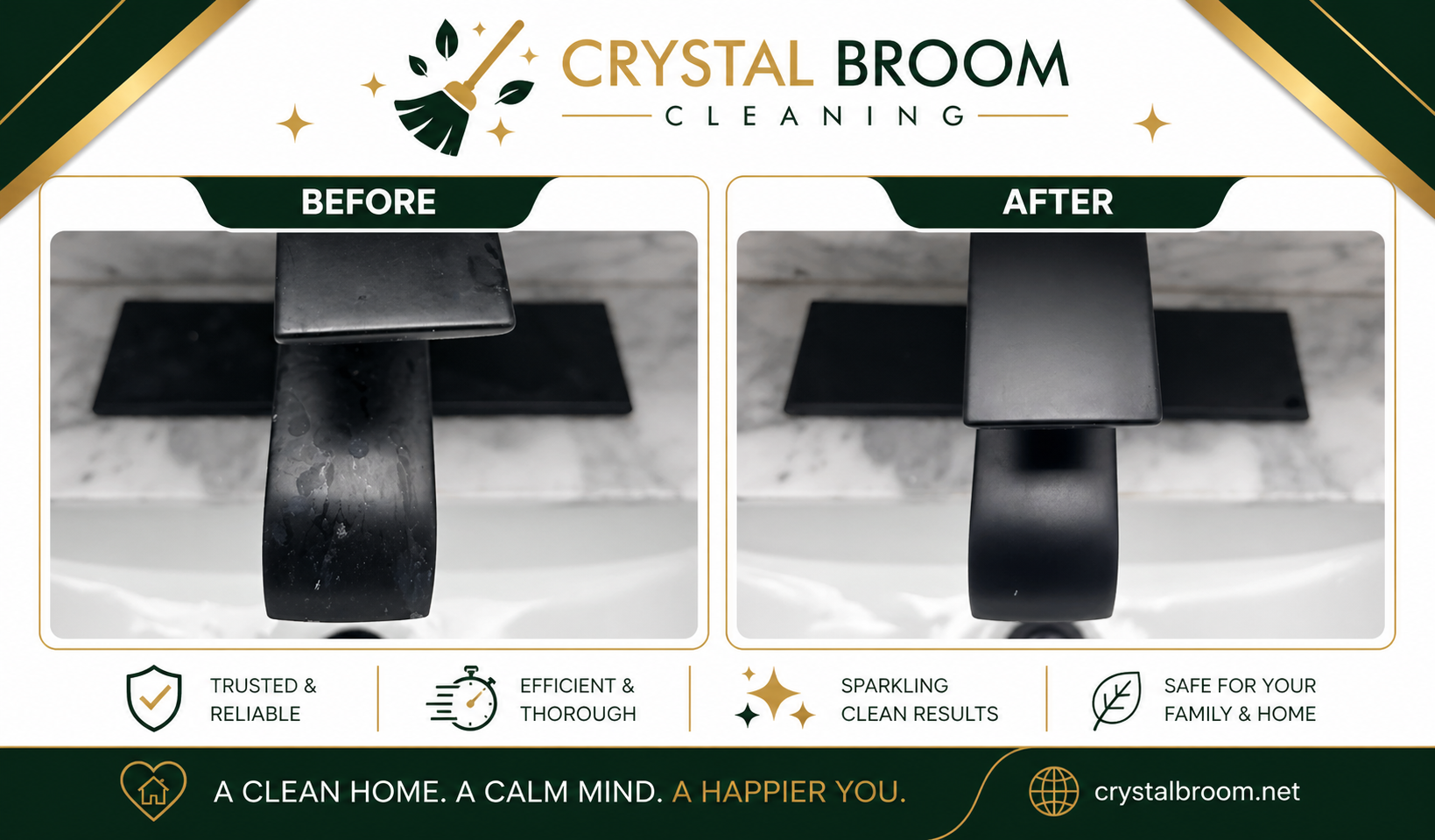Before and after polishing of a matte black bathroom faucet on a marble vanity in Naperville, IL