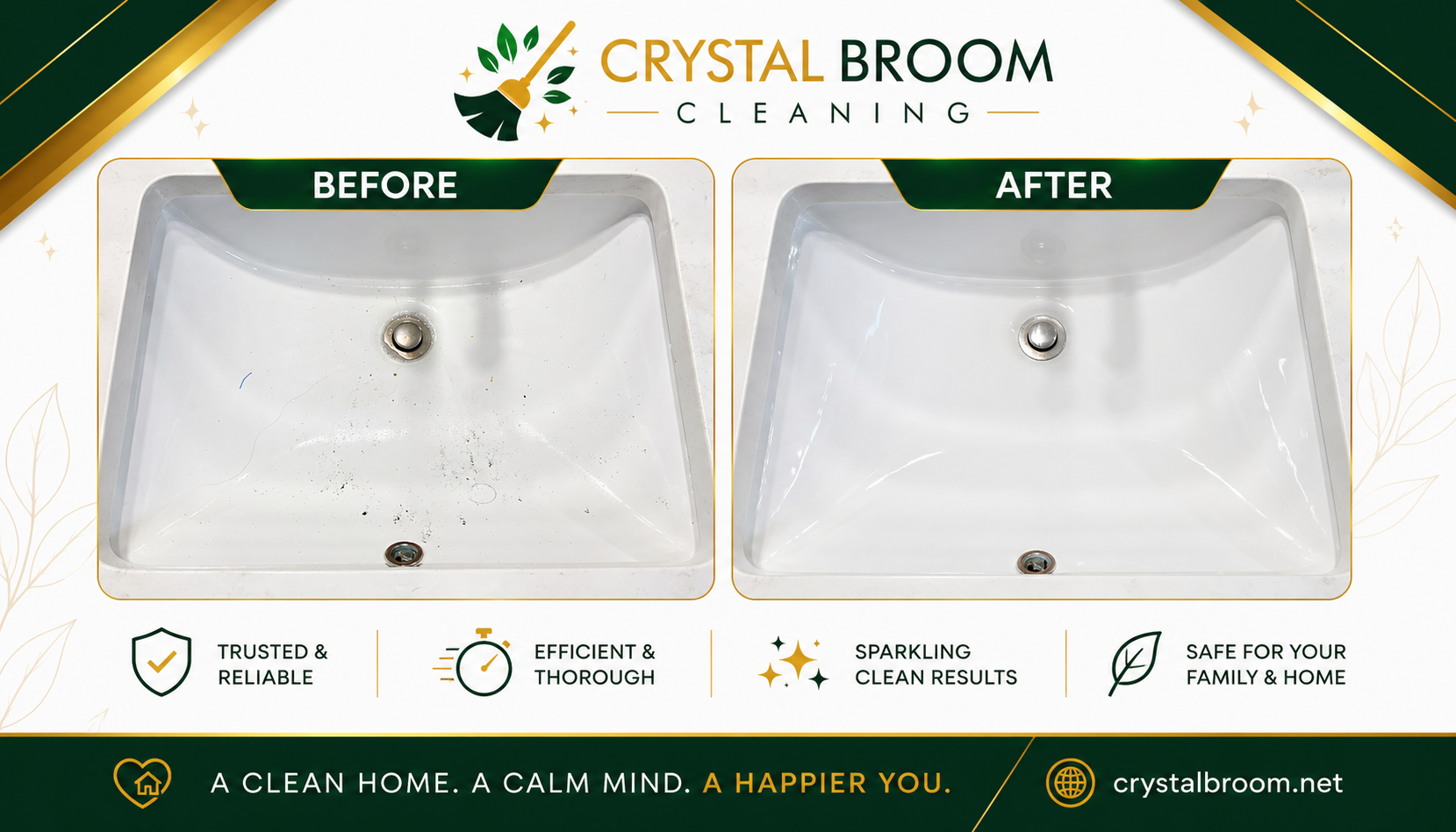 Before and after rectangular porcelain bathroom sink cleaning with stain and debris removal in Naperville, IL