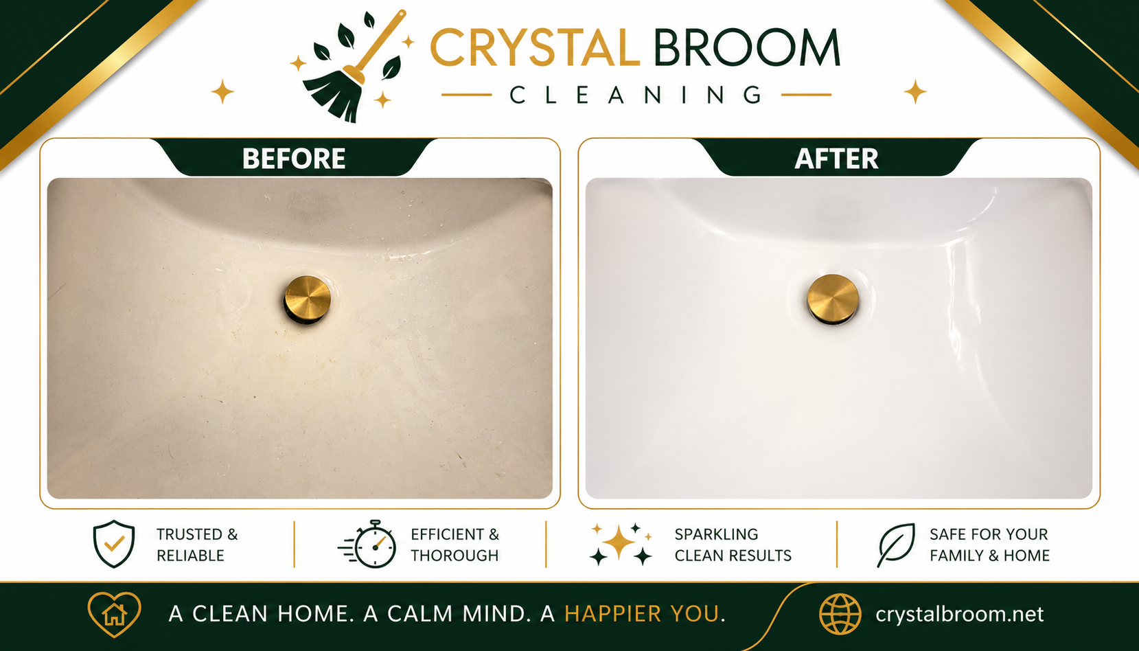 Before and after deep cleaning of a stained porcelain bathroom sink in Naperville, IL