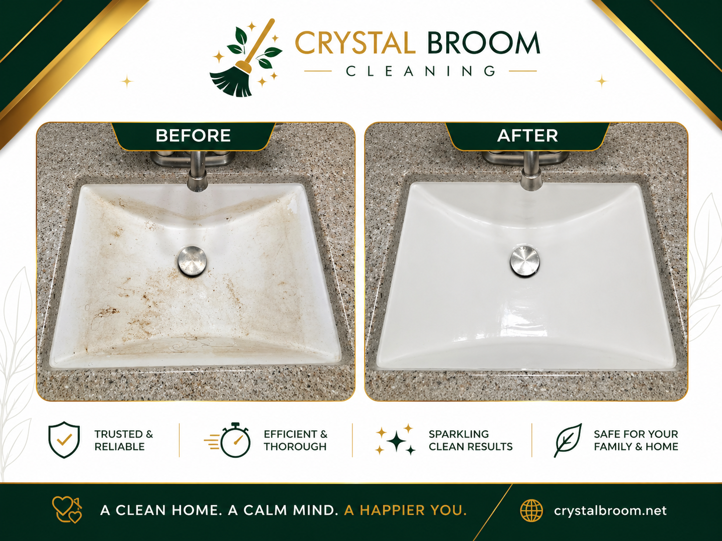 Before and after rectangular porcelain bathroom sink cleaning with rust stain removal in Wheaton, IL