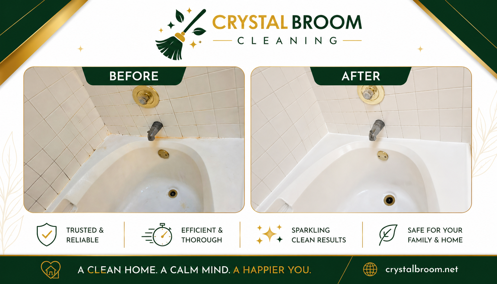 Before and after deep cleaning of a tiled bathtub surround with rust and grime removal in Aurora, IL