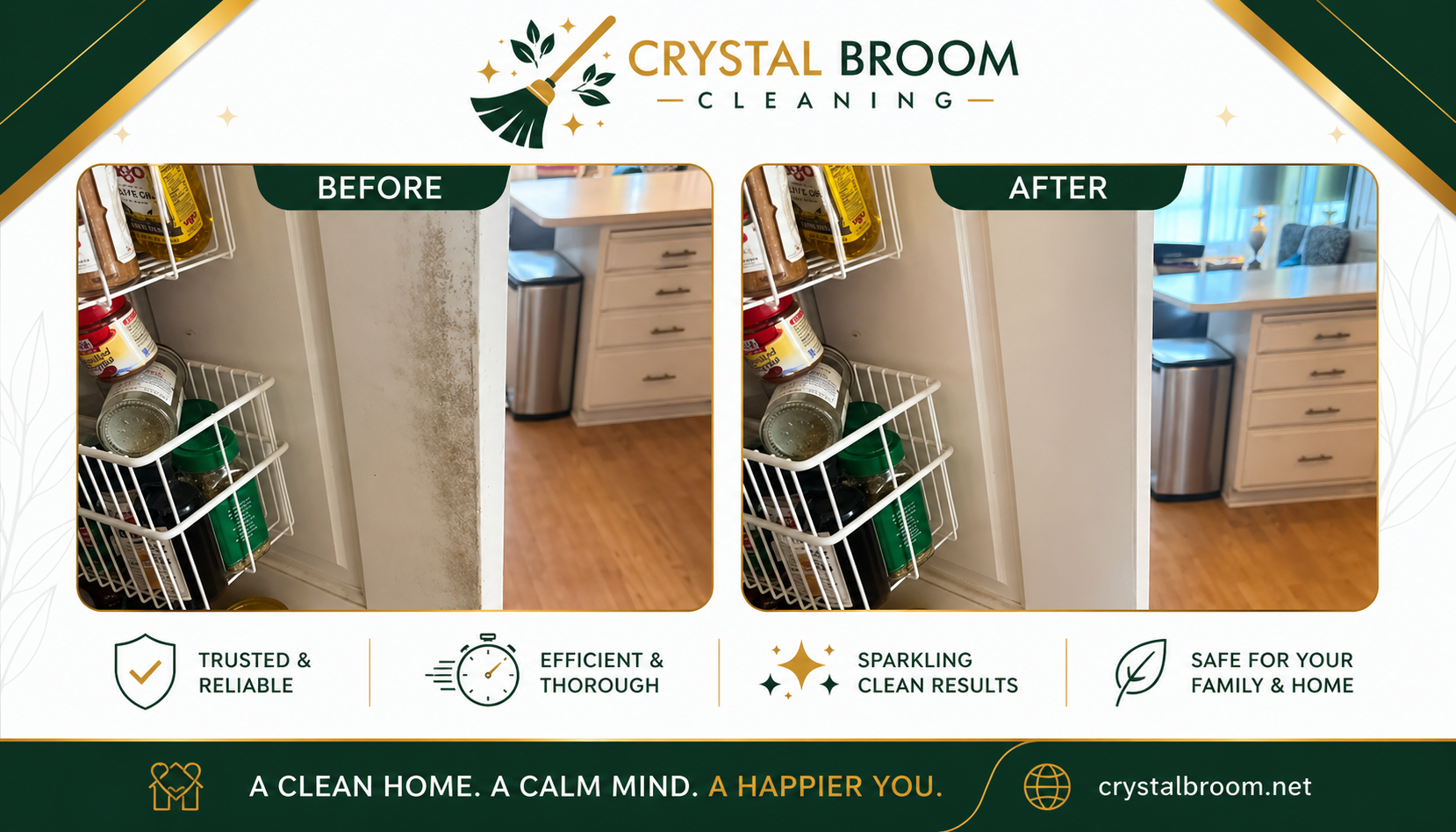 Before and after cleaning of a kitchen pantry doorframe with scuff and stain removal in Naperville, IL