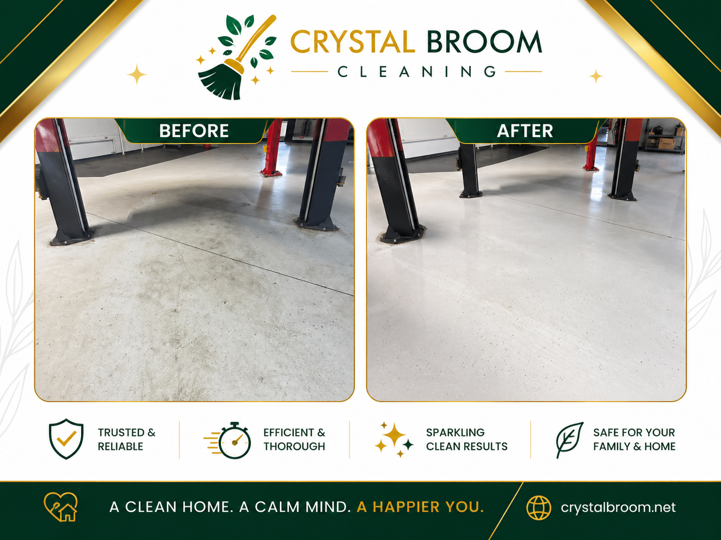 Before and after garage floor cleaning at an auto shop in Aurora, IL with oil stain and tire mark removal