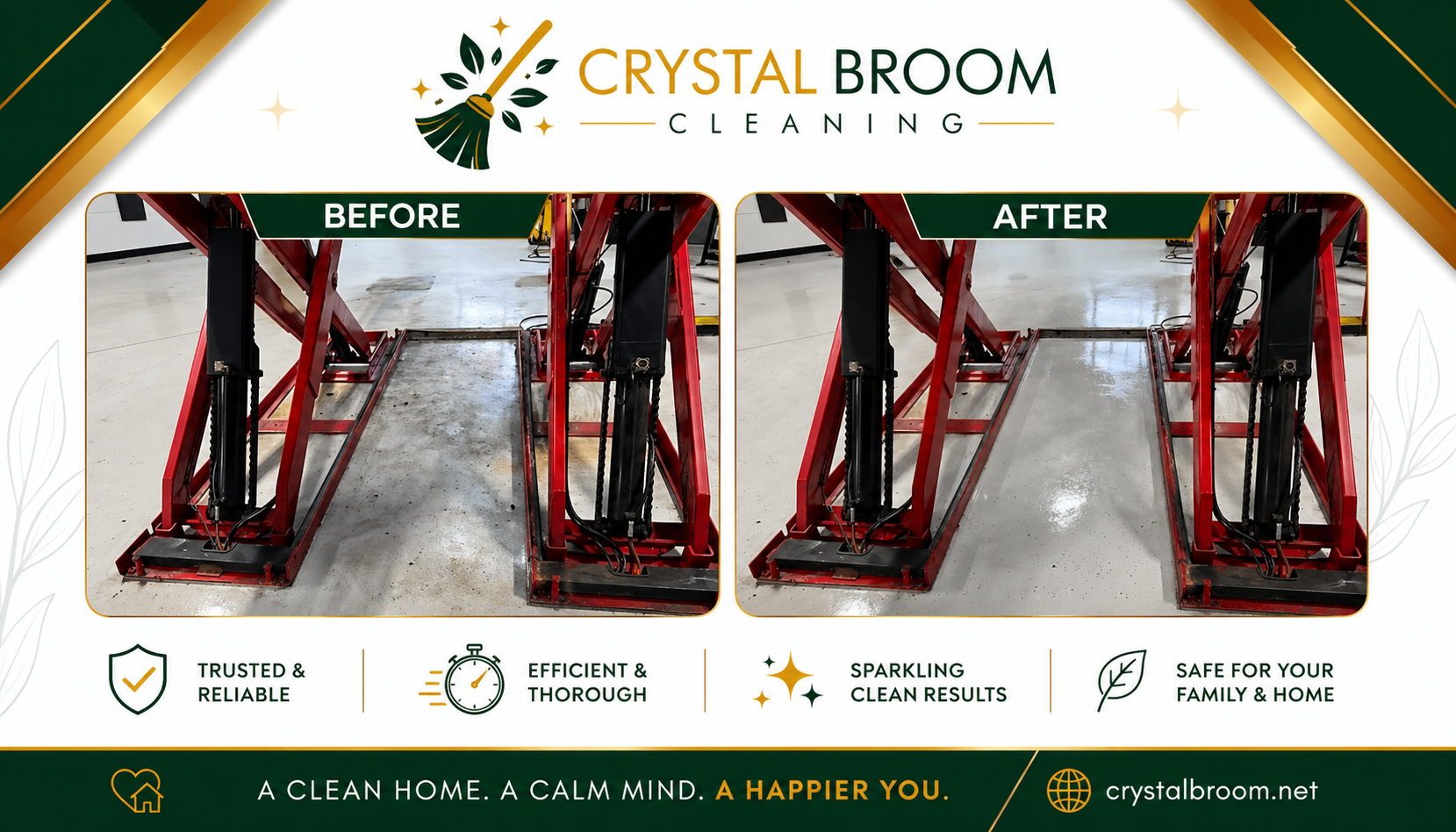Before and after deep cleaning of a commercial garage lift area with oil and grease removal in Burr Ridge, IL