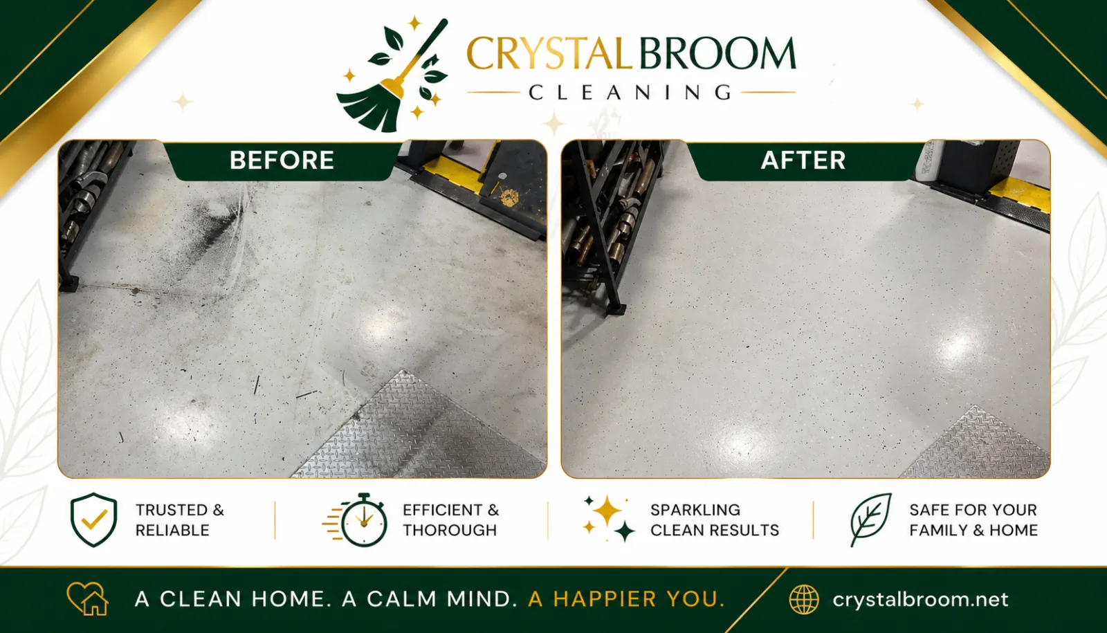 Before and after garage floor cleaning at an automotive shop in Glen Ellyn, IL with grease and debris removal