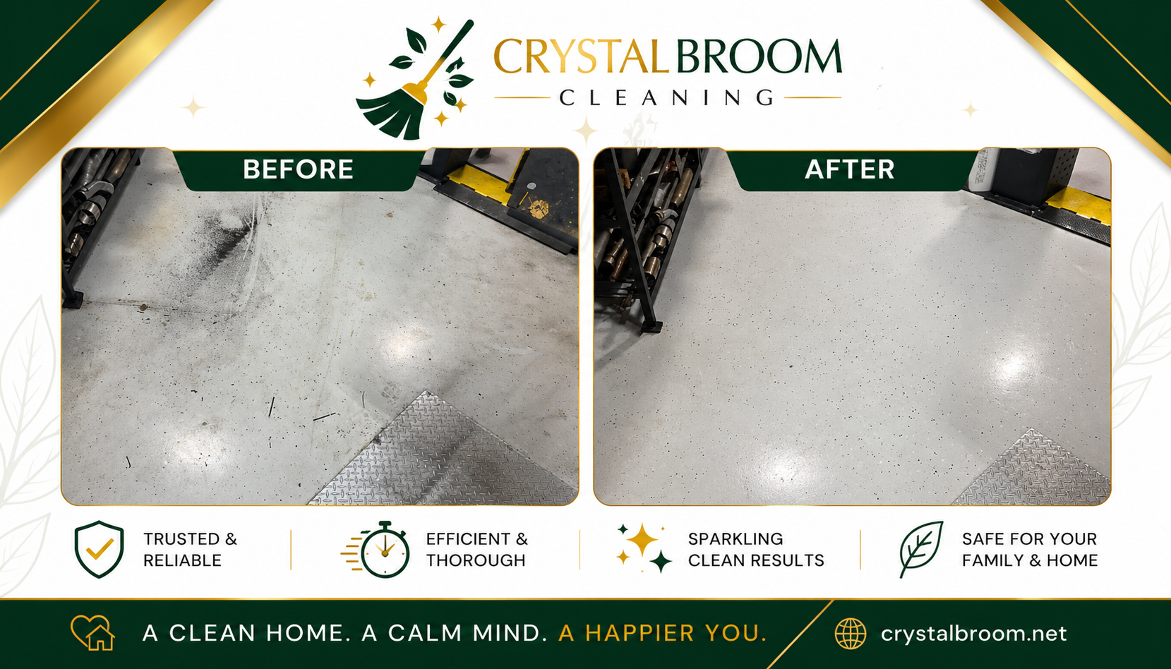 Before and after garage floor cleaning at an automotive shop in Glen Ellyn, IL with grease and debris removal