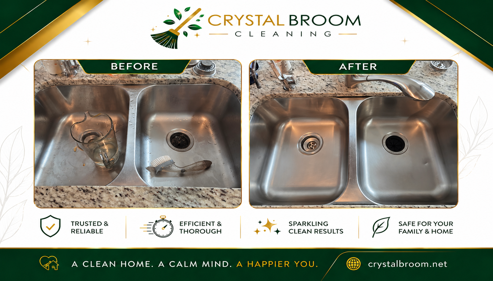 Before and after stainless steel double-basin kitchen sink cleaning with granite countertop polish in Burr Ridge, IL