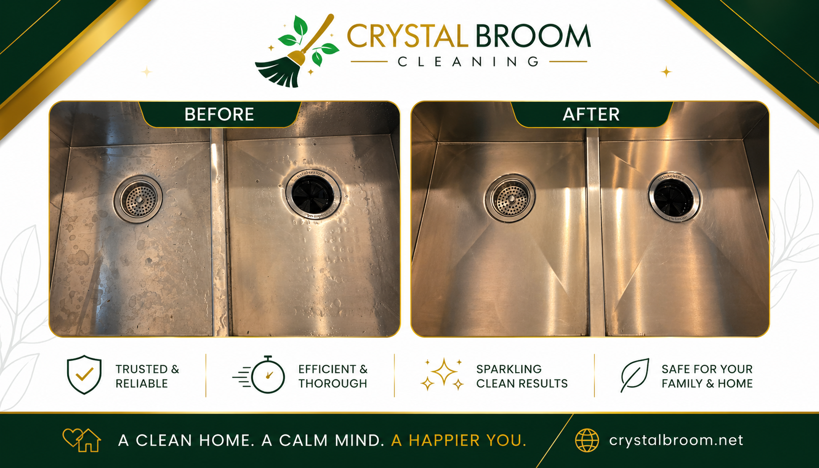 Before and after deep cleaning of a stainless steel kitchen sink with hard water spot removal in Glen Ellyn, IL