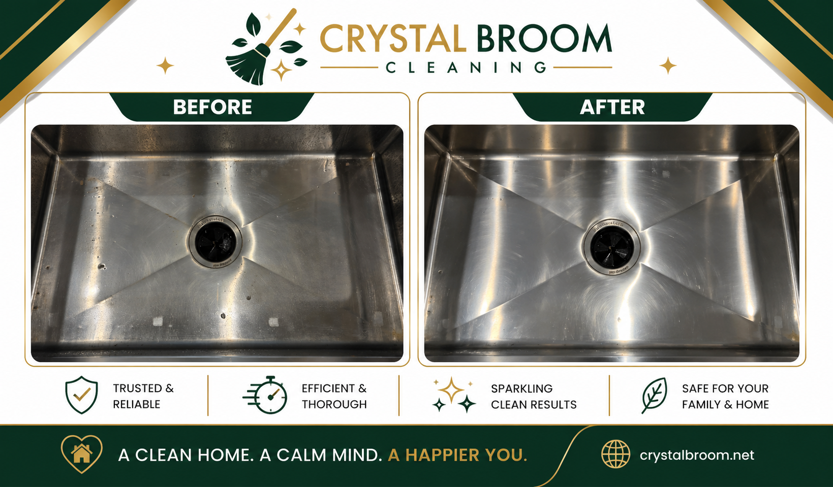 Before and after stainless steel kitchen sink cleaning with hard water stain removal in Glen Ellyn, IL