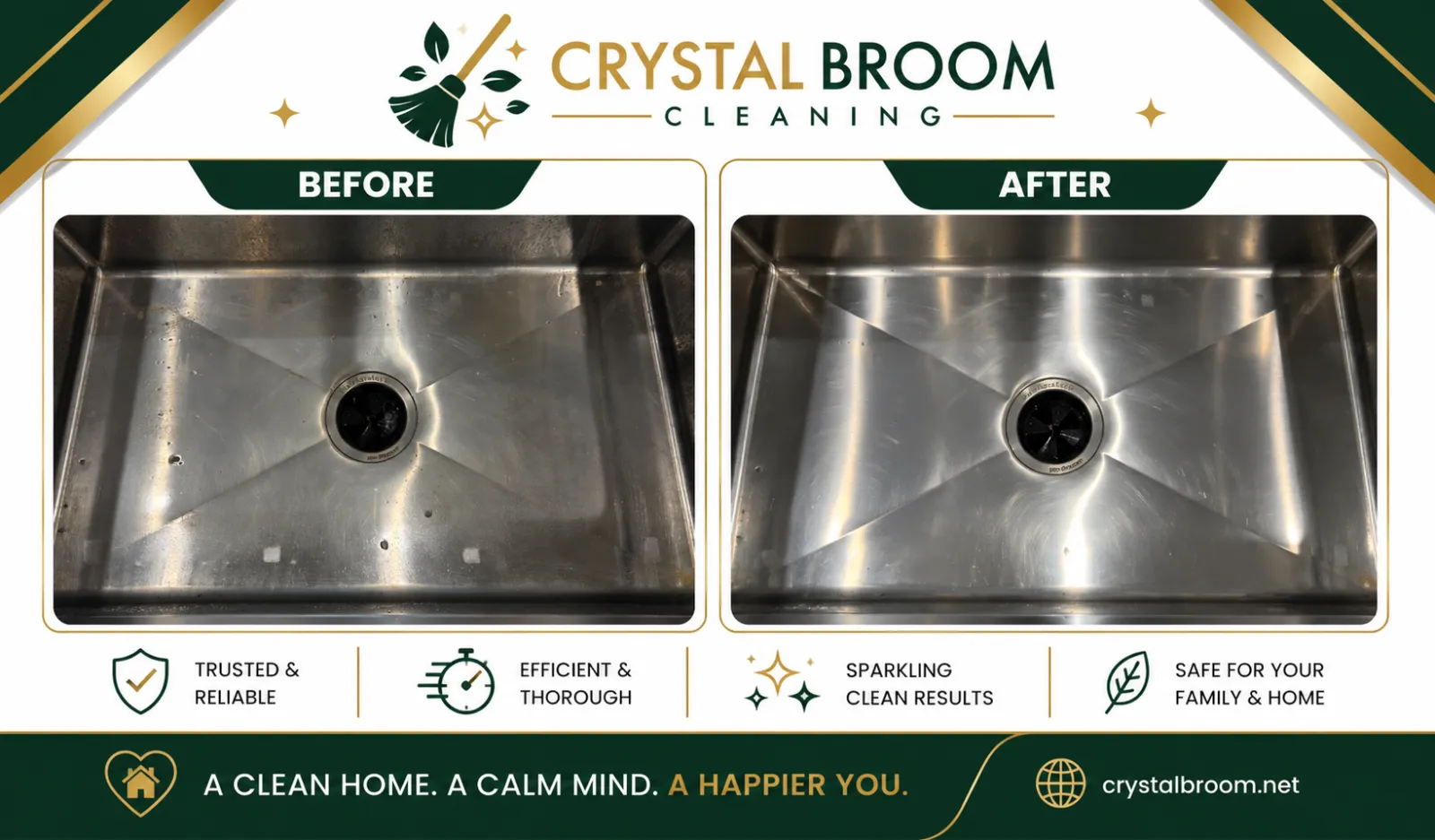 Before and after stainless steel kitchen sink cleaning with hard water stain removal in Glen Ellyn, IL