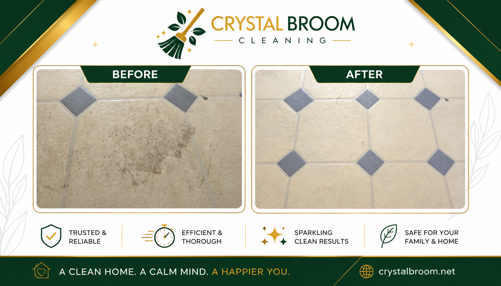 Before and after deep cleaning of a laundry room tile floor with dirt and grime removal in Naperville, IL