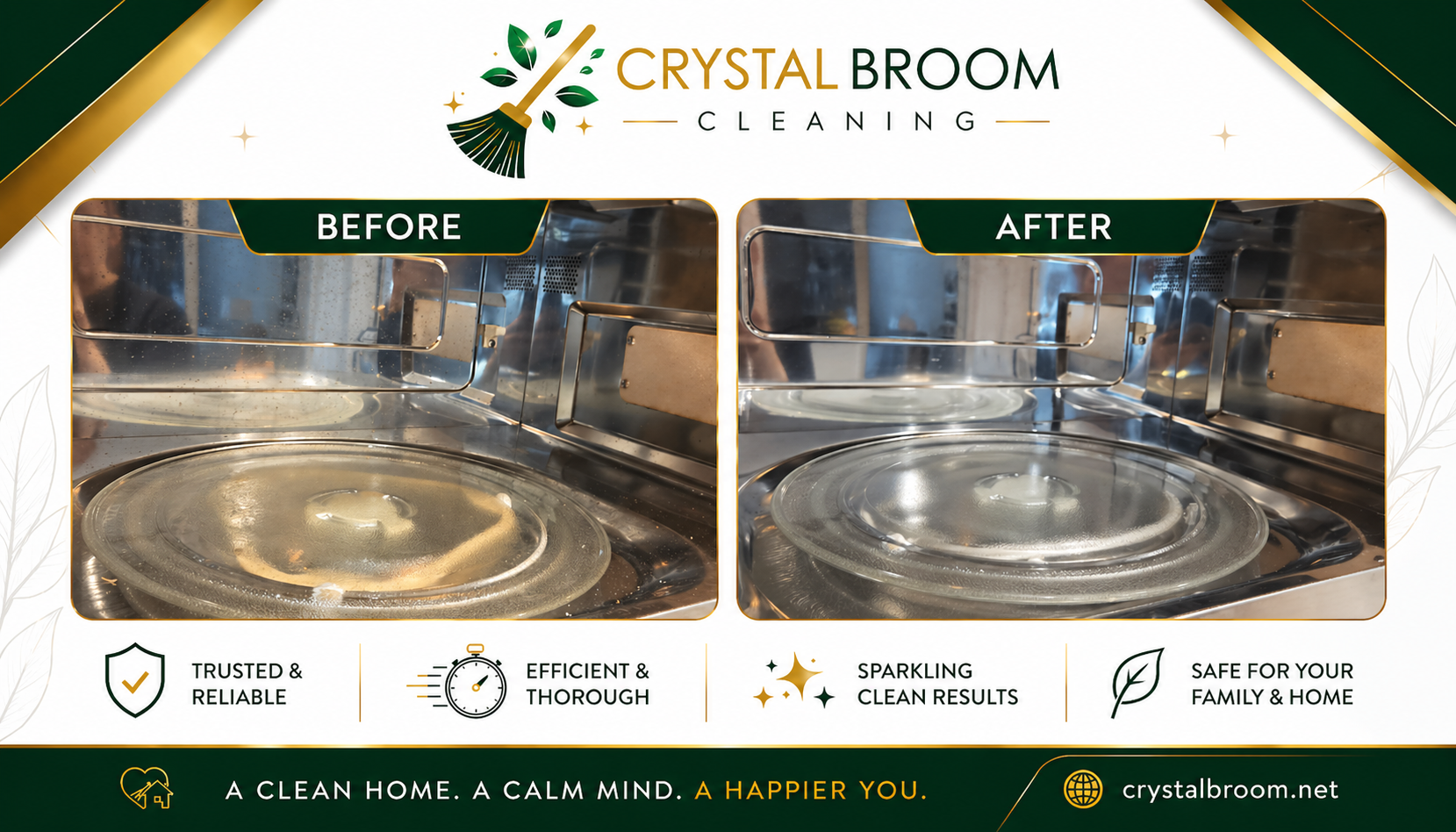 Before and after deep cleaning of a microwave interior with grease and food splatter removal in Downers Grove, IL