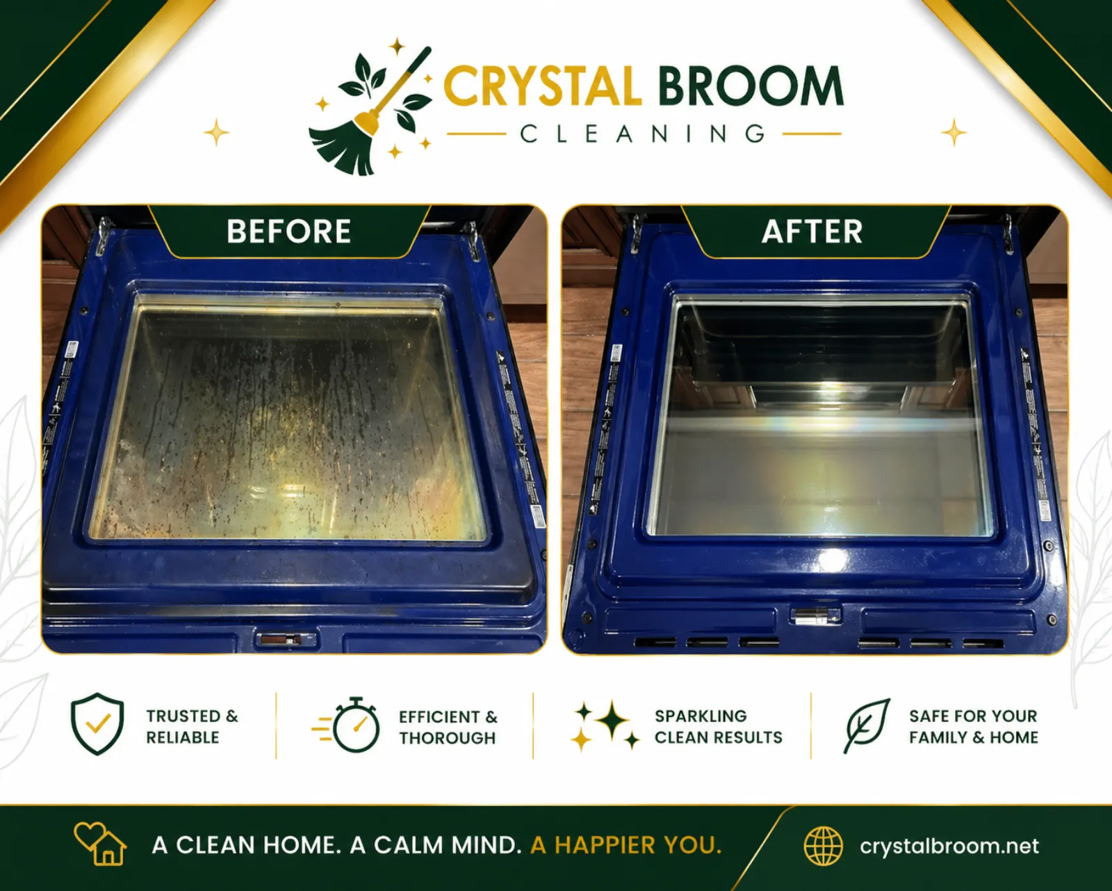 Before and after blue oven door glass cleaning with baked-on grease and grime removal in Wheaton, IL