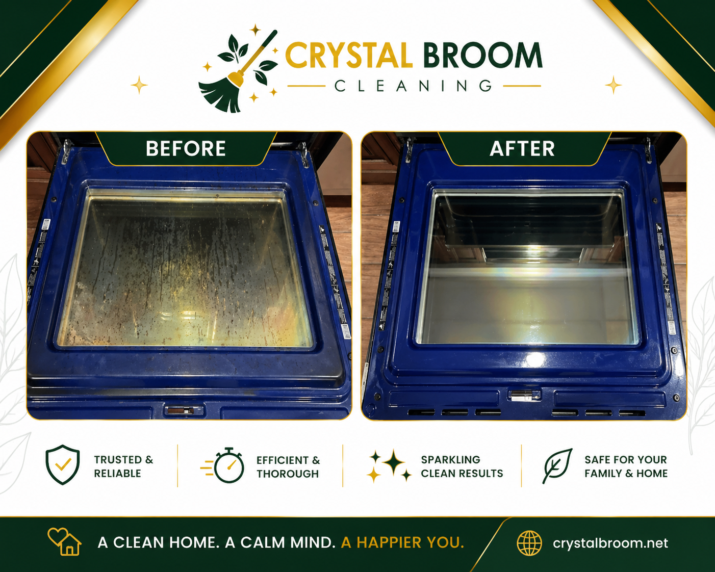 Before and after blue oven door glass cleaning with baked-on grease and grime removal in Wheaton, IL