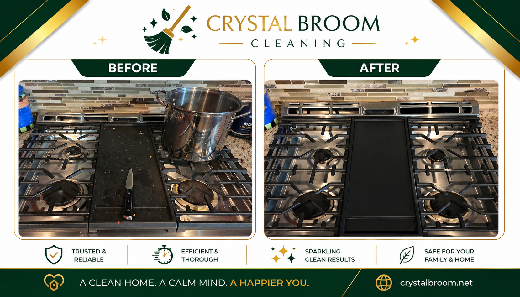 Before and after deep cleaning of a gas stovetop with grease and food residue removal in Burr Ridge, IL