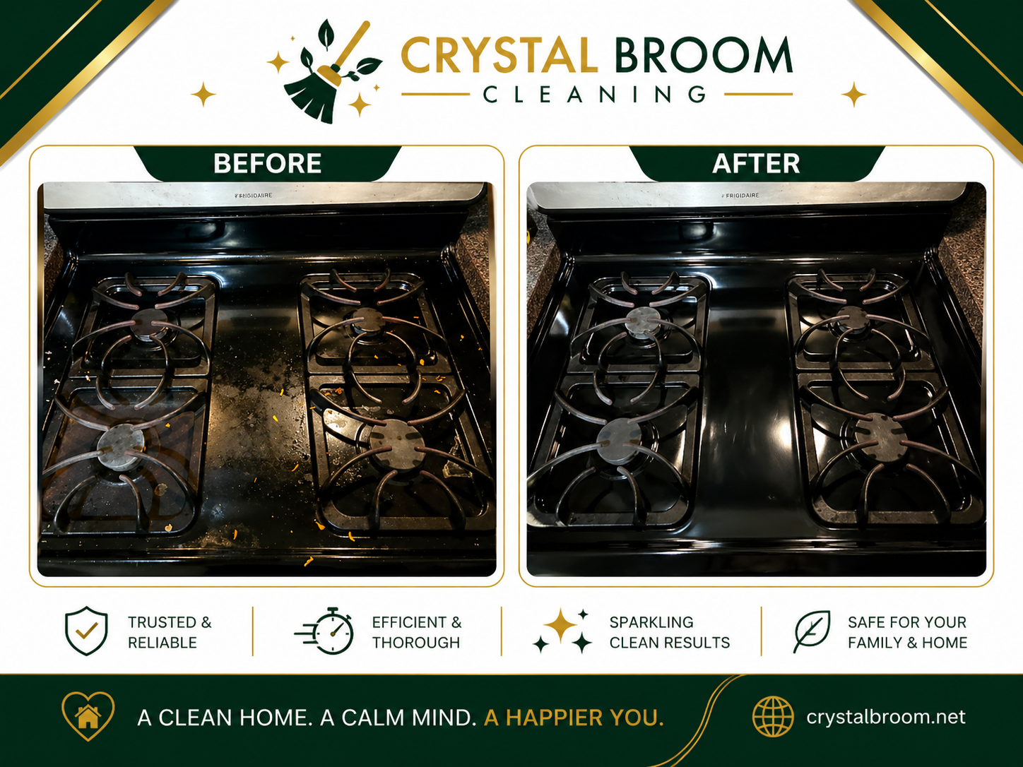 Before and after cleaning of a black gas stove with grease and spill removal in Clarendon Hills, IL