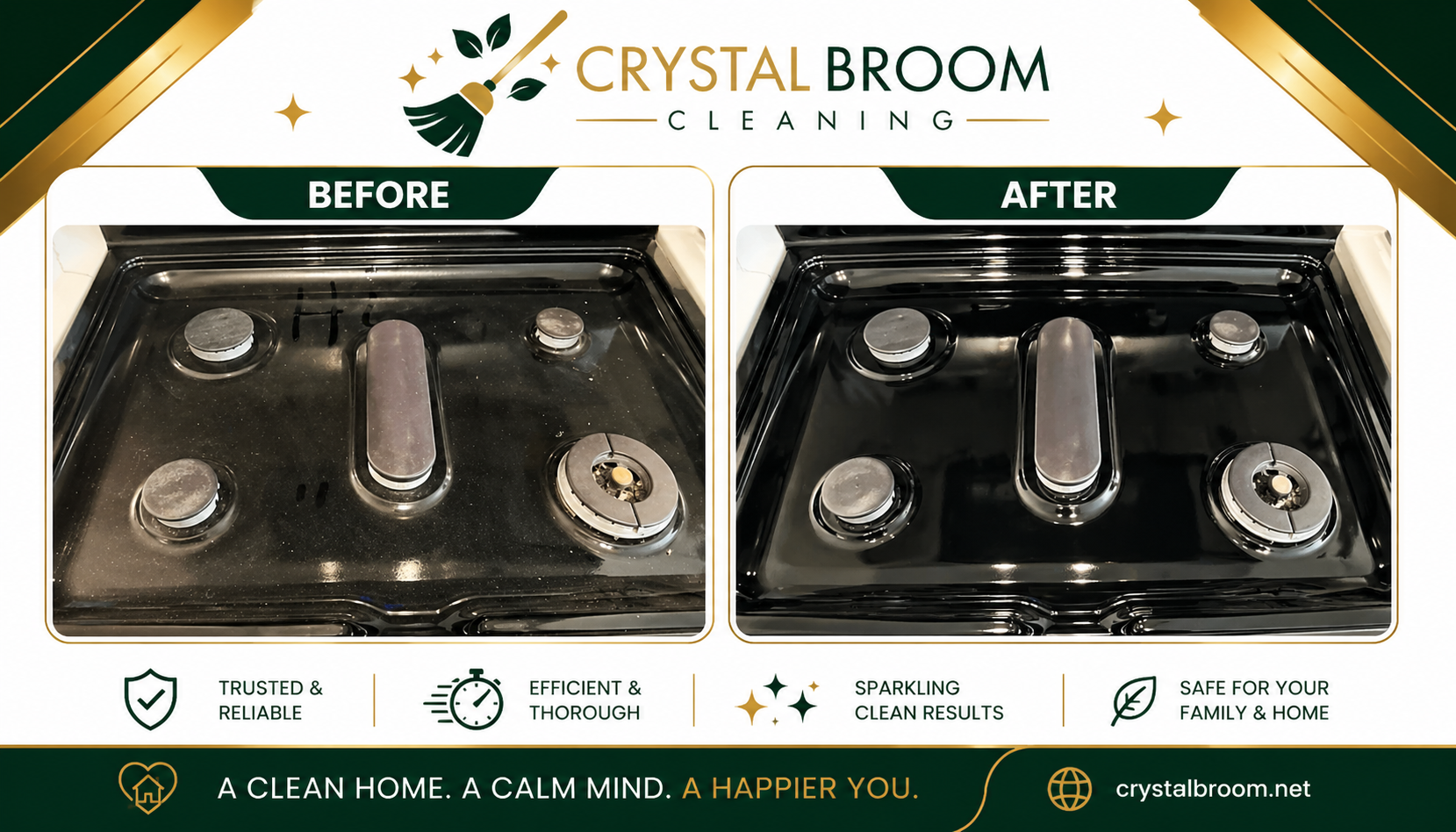 Before and after glossy black gas stovetop polishing with dust and residue removal in Downers Grove, IL