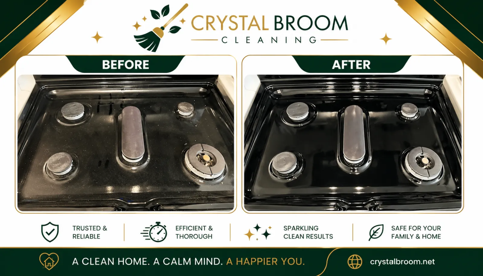Before and after glossy black gas stovetop polishing with dust and residue removal in Downers Grove, IL