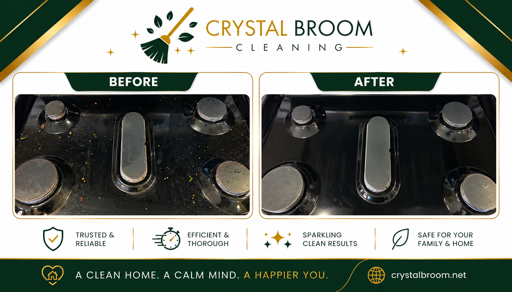 Before and after black gas stovetop cleaning with food debris and grease removal in Hinsdale, IL
