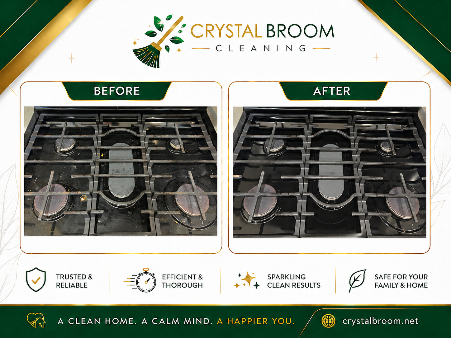 Before and after gas stovetop deep cleaning with grease and burnt food removal in Naperville, IL