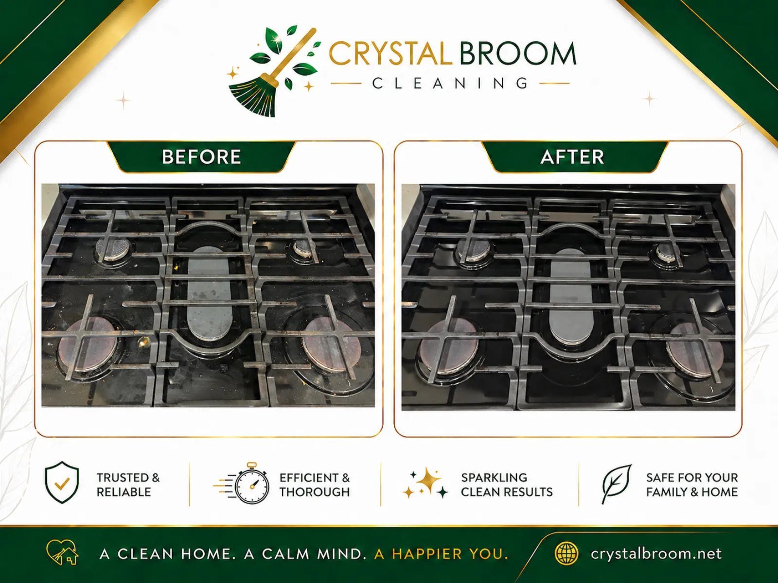Before and after gas stovetop deep cleaning with grease and burnt food removal in Naperville, IL