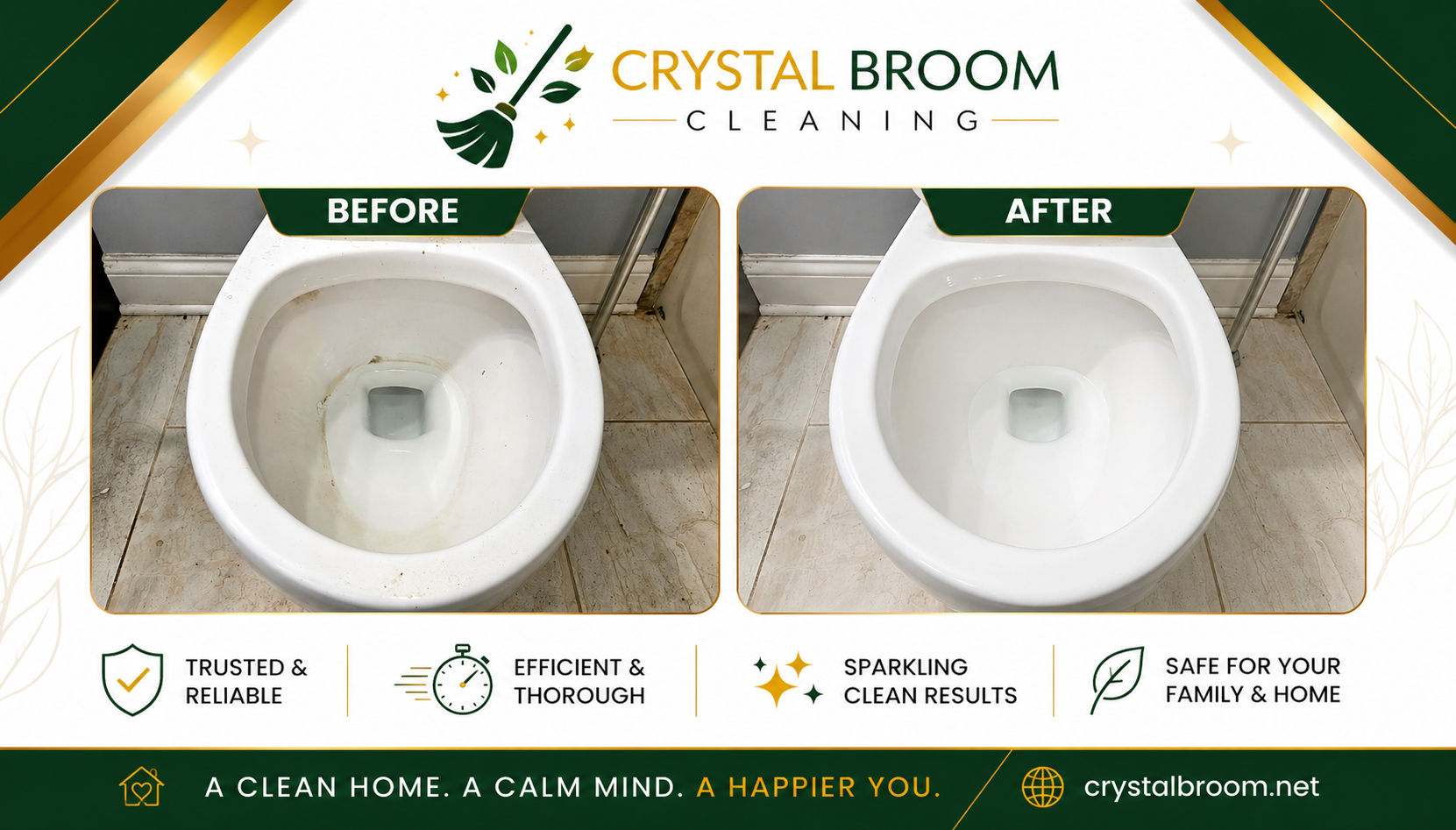 Before and after toilet bowl deep cleaning removing hard water stains and mineral rings in Aurora, IL