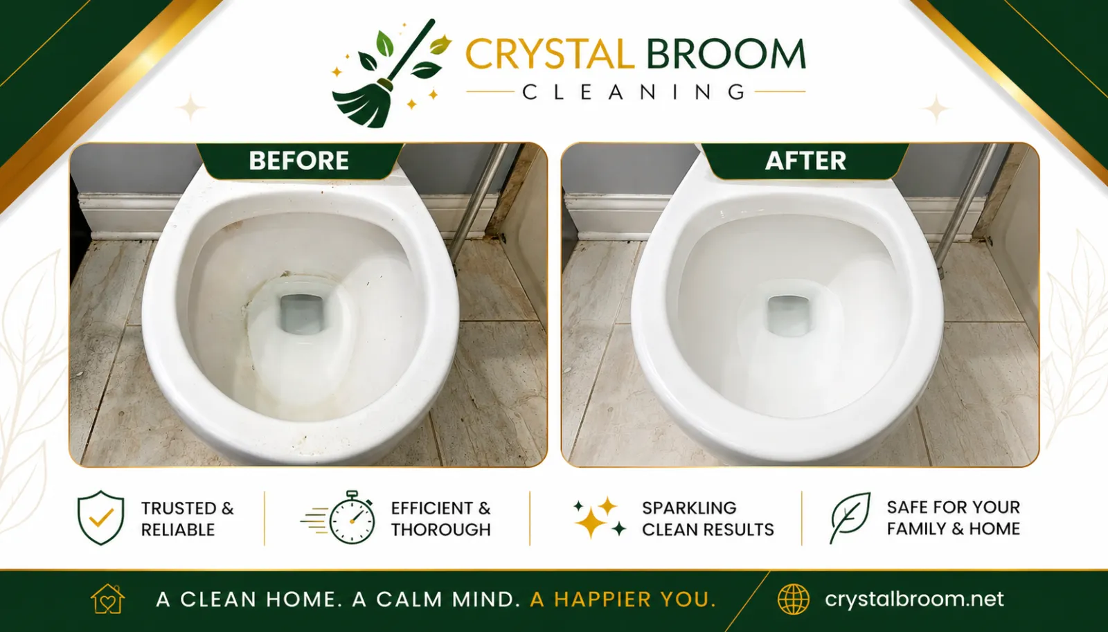 Before and after toilet bowl deep cleaning removing hard water stains and mineral rings in Aurora, IL