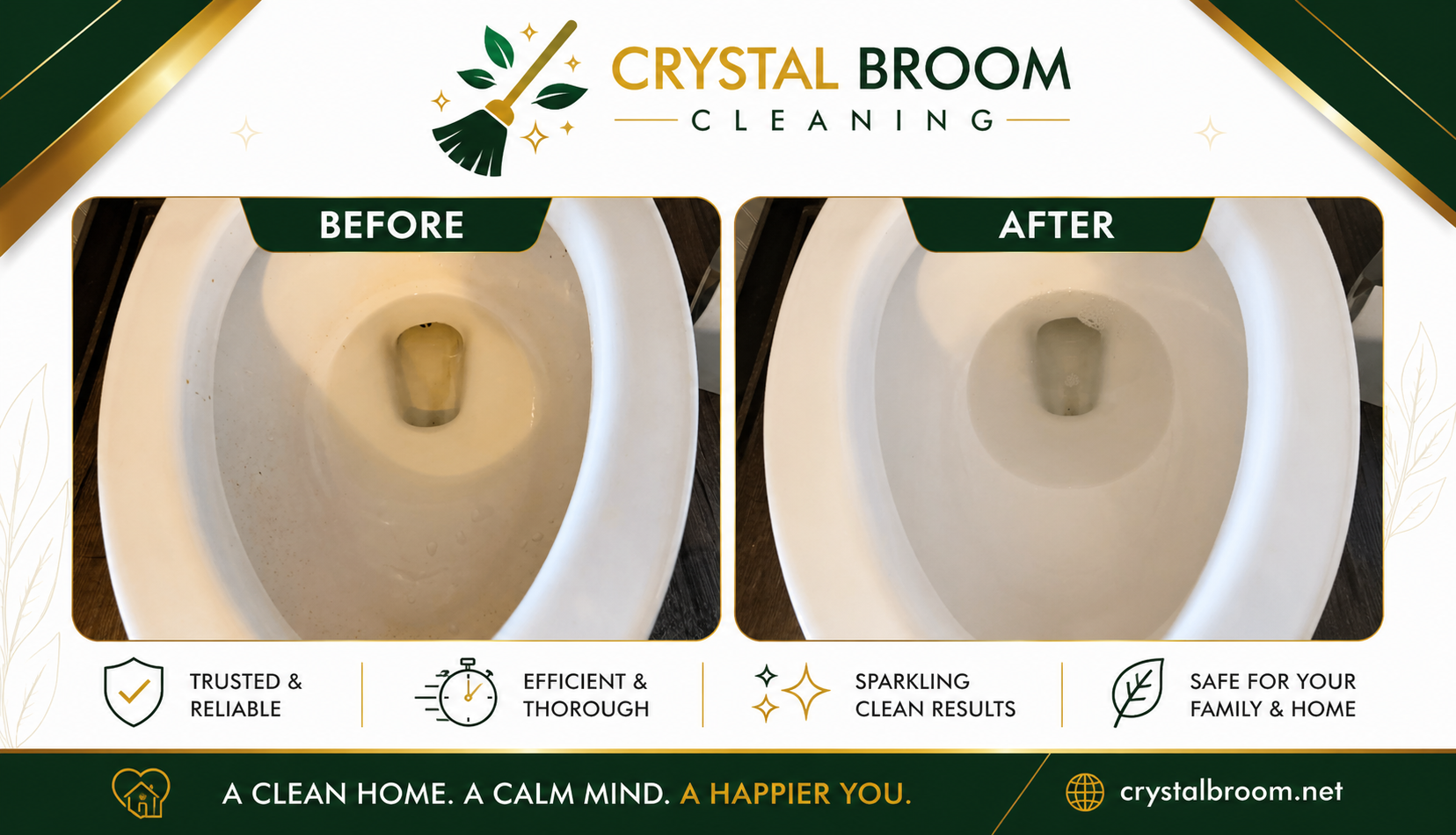 Before and after toilet bowl deep cleaning with hard water stain and mineral ring removal in Naperville, IL
