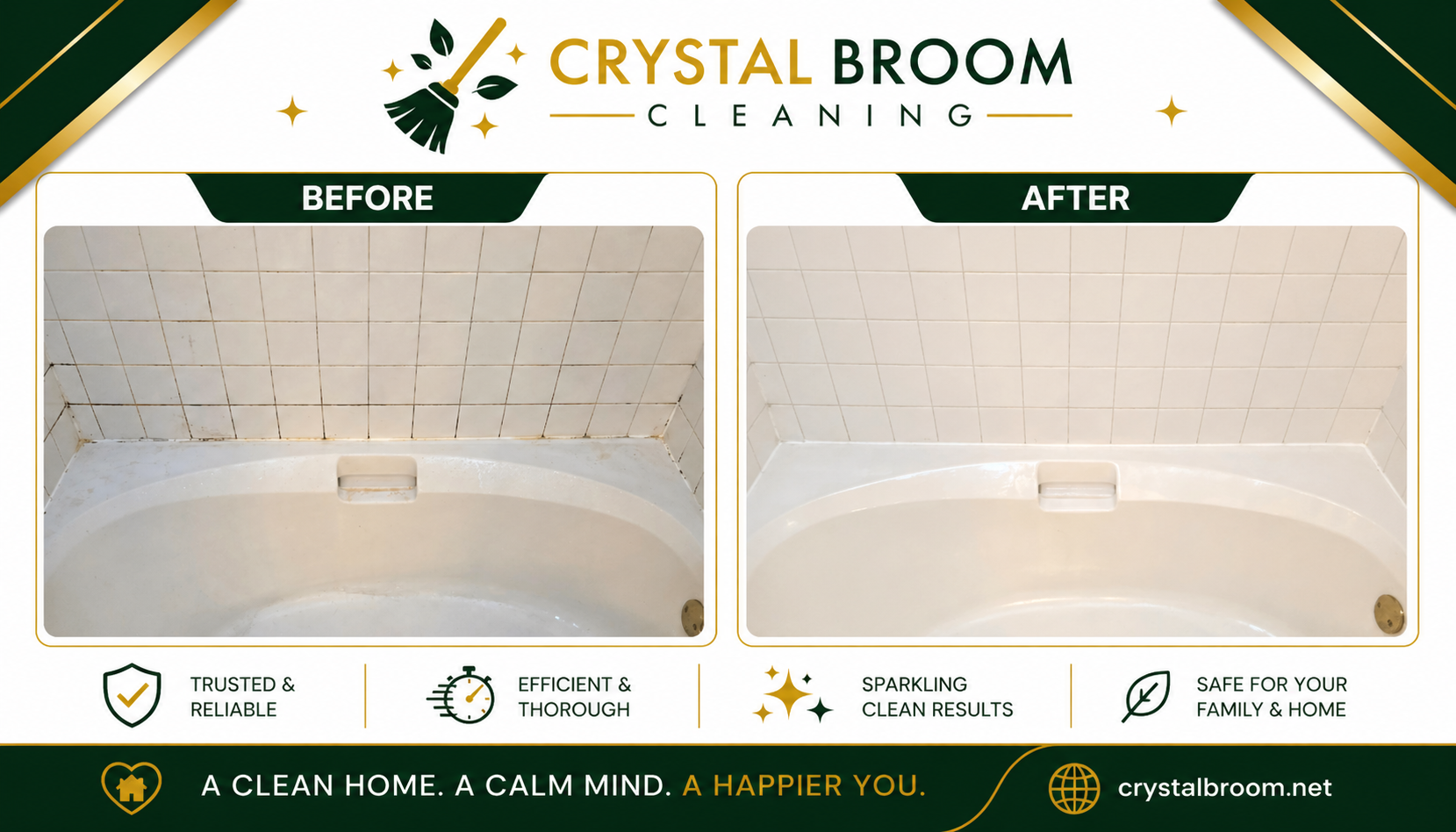 Before and after deep cleaning of a white bathtub and tile surround with mold and grime removal in Naperville, IL