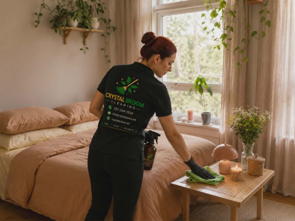Crystal Broom Cleaning team resetting a serene Woodridge, IL bedroom during a recurring visit